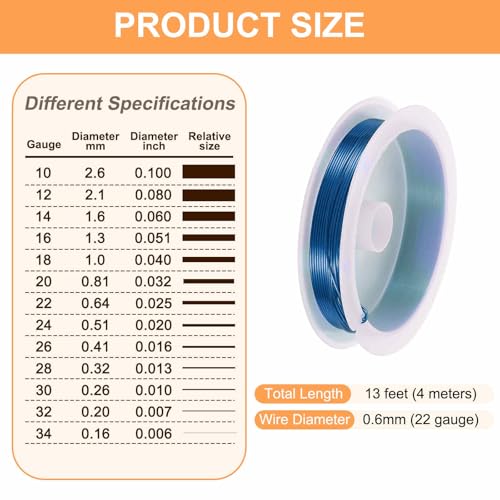 HARFINGTON 13ft Jewelry Wire, 22 Gauge (0.6mm) Brass Craft Soft Metal Tarnish Resistant Copper Beading Wire for Jewelry Making Supplies Crafting, Blue - color: Blue, size: 22 Gauge x 13ft