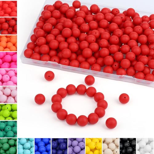 MAIBAOTA 120 Pcs Scarlet Red Silicone Beads 15 mm Scarlet Red Beads for Keychain/Pens/Bracelet/Necklace Making Focal Beads Loose Rubber Round Silicone Beads Bulk for Craft Making（with Boxed Kits） - color: Scarlet Red
