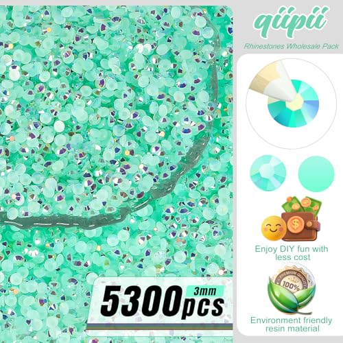 qiipii 5300PCS 3mm Aquamarine Green AB Resin Rhinestones Bulk Water Green Flatback Jelly Stones SS10 Non-Hotfix Diamonds Crystals Gems Charms for Nails Face Eyes Makeup Body Tumblers DIY Crafts Shoes - color: Aqua Green Ab, size: 3mm Bulk