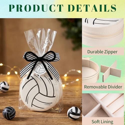 12-Pack White Black Volleyball Travel Jewelry Case Round Volleyball Stuff Portable Jewelry Organizer Storage Case for Team Athletes & Sports Enthusiasts Christmas Events & Milestones - style: B&W Mixed Volleyball