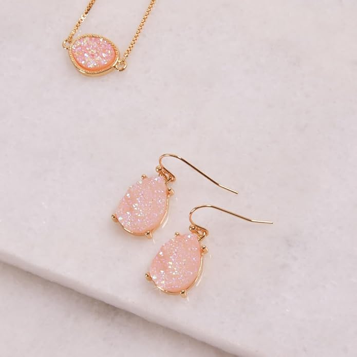 Teardrop Dangle Earrings for Women with Simulated Druzy Stones in Gold or Silver Tone