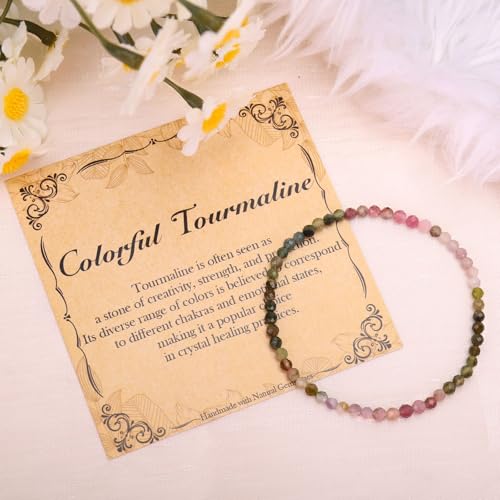 BONNY BOXX Natural Genuine Gemstone Faceted Round Beads Bracelets, 3mm Adjustable Stretchy Tiny Faceted Black Tourmaline Bracelet, Healing Crystal Reiki Chakra Dainty Jewelry Fashion Gifts - color: Colorful Tourmaline