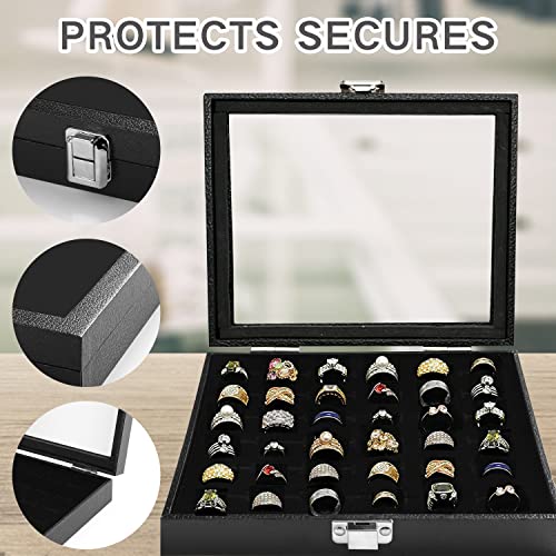 Ring Jewelry Organizer Box, 36 Slots Rings Display Storage Case Earring Showcase - Black Velvet Jewelry Stand Holder Tray with Transparent Glass Lid - Ideal Gift for Women Girl - size: 36 Slot