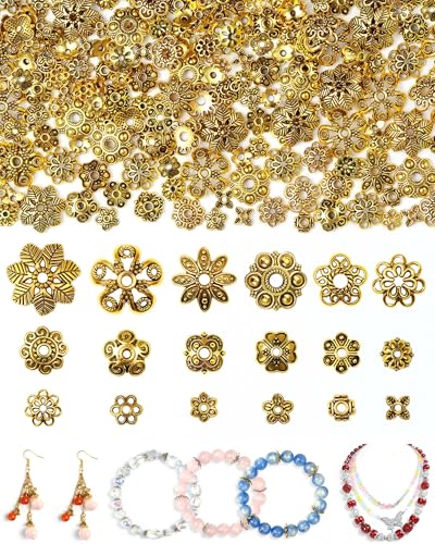 FIVEIZERO 240Pcs Gold Flower Bead Caps for Jewelry Making, 18 Styles Filigree Spacer Caps, Multi-Petal Design, 6mm–16mm for Earrings, Bracelets & Necklaces - color: Gold