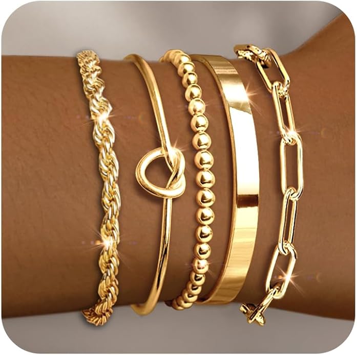 Gold Bracelets for Women 18k Gold Plated Bracelet Stack Bangle Cuff Bracelet Set for Women Non Tarnish Beaded/Paperclip/Cuban Link Chain Bracelets Jewelry for Women Trendy