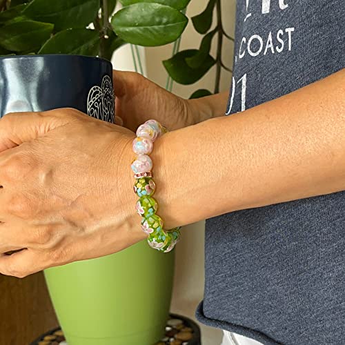 Artsy Crafts 20 Pcs 12mm Lampwork Flower Glass Beads, European Murano Glass Beads, Handmade Loose Crystal Beads for Jewelry Making Charm Bracelet Necklace Earrings Rosary (Green + Pink) - color: Green + Pink