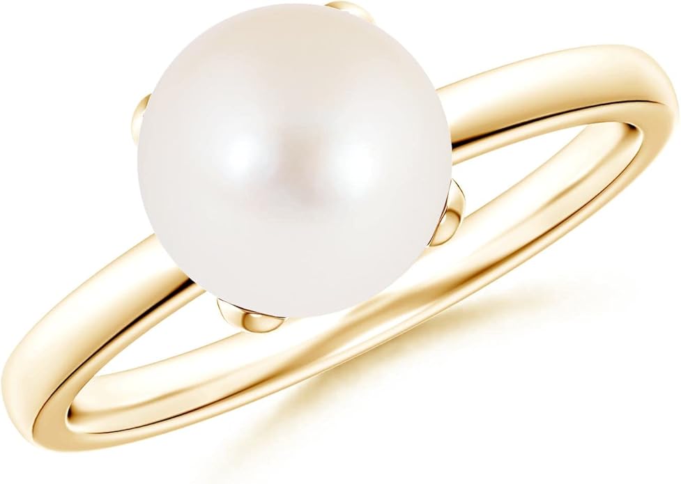 Angara Freshwater Pearl Solitaire Ring for Women | Round Freshwater Cultured Pearl Solitaire Ring in 14K Solid Gold/Silver | June Birthday, Anniversary, Gemstone Jewellery Gift