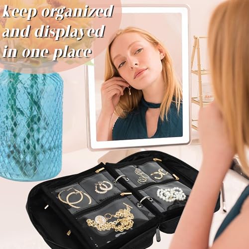 Travel Jewelry Organizer Case,Jewelry Bags Jewelry Storage Book Binder with Clear Zipper Velvet Pouch for Traveling,Earrings, Rings, Necklace, Bracelet - color: Black