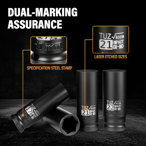 5 Pieces 1/2 inch Drive Deep Impact Socket Set, Metric,15mm 17mm 19mm 21mm 22mm,Cr-Mo,6-Point,Spindle Axle Nut Impact Socket - size: 1/2" Deep 5pc
