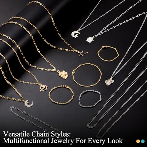 HUISUYTON Necklace Chain for Jewelry Making,45.93 FT 14 Rolls Stainless Steel Jewelry Chains Bulk with Jump Rings, Lobster Clasps, Connectors for DIY Necklace Earring Bracelet(Gold & Silver) - color: Gold and Silver-45.93Ft