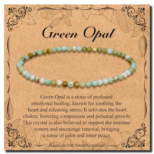 BONNY BOXX Natural Genuine Gemstone Faceted Round Beads Bracelets, 3mm Adjustable Stretchy Tiny Faceted Black Tourmaline Bracelet, Healing Crystal Reiki Chakra Dainty Jewelry Fashion Gifts - color: Green Opal