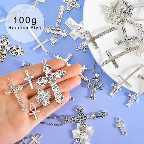 stino 100 Gram Metal Charms for Jewelry Making, Silver & Gold Plated, Bulk Pack for Bracelets, Necklaces, Crafts - color: Cross Silver
