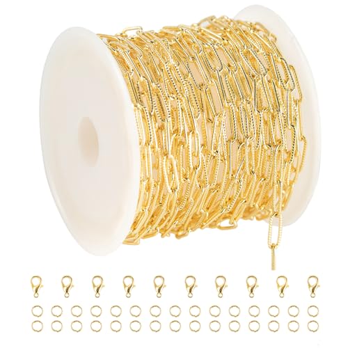YOUBEIYEE 16.4 Feet Light Gold Embossed Paperclip Chain for Jewelry Making 18K Gold Plated Brass Chain Roll Women Necklace Bracelet DIY Jewelry Supplies - color: Embossed Paperclip