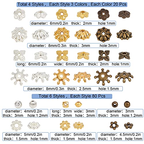 SUNNYCLUE 720Pcs Flower Bead Caps Spacer Beads Set Filigree Iron 6-Petal Floral Caps Tibetan Style Flower End Spacers for Jewelry Making Findings Necklaces Bracelets DIY Supplies - color: 720pcs Mixed Color