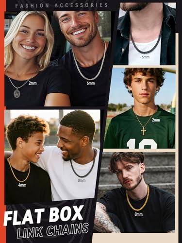 FaithHeart Mens Black/Silver/Gold Stainless Steel Flat Box Link Chain Necklace, Stylish 2/4/6/8mm Width Box Chains Necklaces for Men Non Tarnish Hip Hop Chain Jewelry Gifts,14"-30" Length - color: 2mm Width-Classic Silver, size: 28 Inches Length