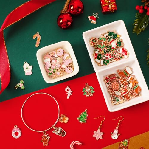 SANNIX 110Pcs/55 Pairs Christmas Charms, Holiday Enamel Charms Red Green Pink Gingerbread Xmas Pendants for DIY Bracelet Necklaces Earrings Craft Supplies - style: Assorted Christmas Charms