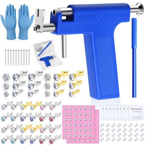 Ear Piercing Gun Kit, Reusable Ear Nose Piercing Gun Machine with Stainless Steel Piercing Earrings Studs, Crystal Earrings for At Home Salon Earlobe Cartilage Helix Tragus Piercing Tool Set - color: Blue