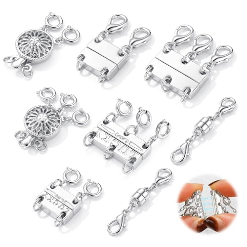 GEMQUEEN Multi Magnetic Necklace Clasps and Closures : White Gold Plated Magnet Jewelry Layering Clasp for Necklaces Multiple Magnets Bracelet Helper Necklace Extenders 8PCS - color: White Gold Plated - 8PCS