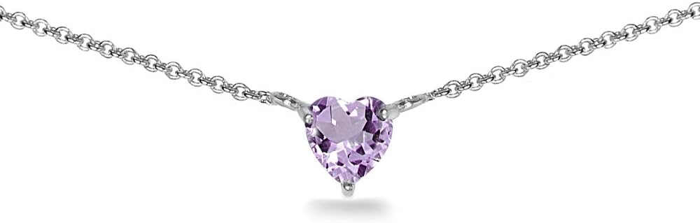 Birthstone Necklace for Women - Genuine or Synthetic Gemstone, 7mm Heart Solitaire, Short Dainty Layered Choker, Silver