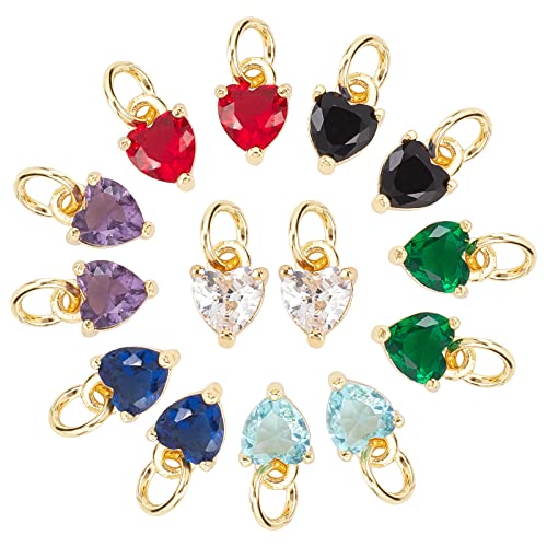 PH PandaHall 14pcs 18K Gold Plated Heart Charms 7 Colors Cubic Zirconia Love Heart Pendants with Jump Ring for Earring Bracelet Necklace Choker Jewelry Making Valentine's Day Gift, 8X5mm