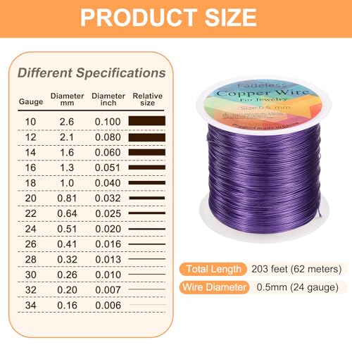 HARFINGTON Wire 203ft Length 24 Gauge Copper Craft Jewelry Wrapping Wire Tarnish Resistant Beading for Jewelry Making Supplies Crafting, Purple - color: Purple