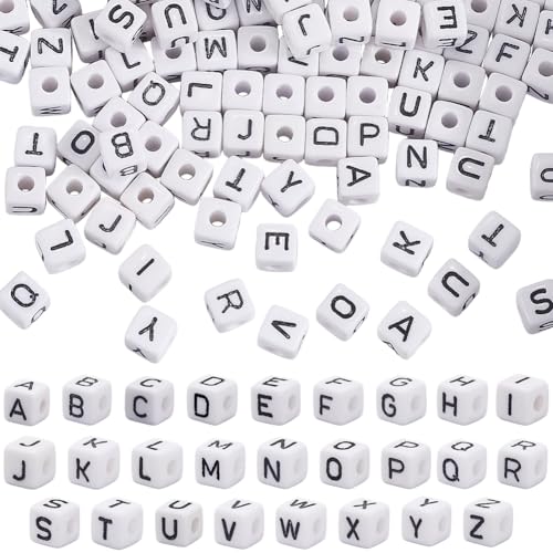 1 Box 10MM 208PCS 26 Styles Square Acrylic Alphabet Bead with Large Hole A to Z White Cube Shaped Loose Spacer Beads Bulk for Jewelry Making Christmas Holiday Party Gift Adult DIY Craft