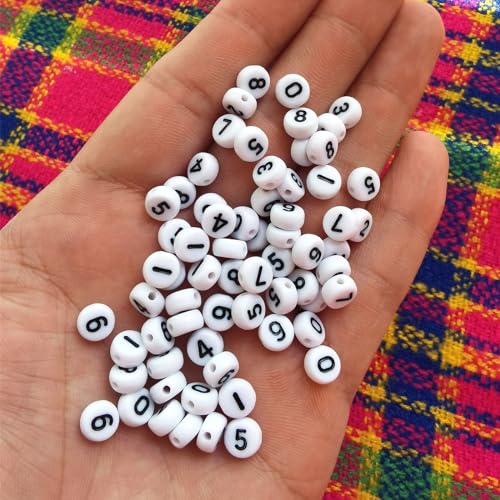 Amaney 500pcs White Acrylic Number Beads 7x4mm Mixed Number Beads Acrylic Plastic Round Shape Loose Beads - color: White, size: 7x4mm