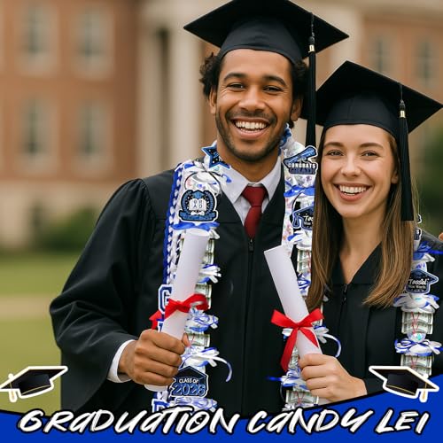 Graduation Candy Lei Making Kit Class of 2026 DIY Lei PE Bags Tubing Money Leis 2026 Graduation Ribbon Necklace Include 2 x 5 ft PE Bags 90 Pcs Flower Accessories for Grad Party Supplies (Blue, White) - color: Blue, White