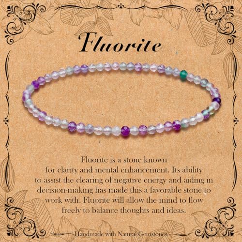 BONNY BOXX Natural Genuine Gemstone Faceted Round Beads Bracelets, 3mm Adjustable Stretchy Tiny Faceted Black Tourmaline Bracelet, Healing Crystal Reiki Chakra Dainty Jewelry Fashion Gifts - color: Fluorite