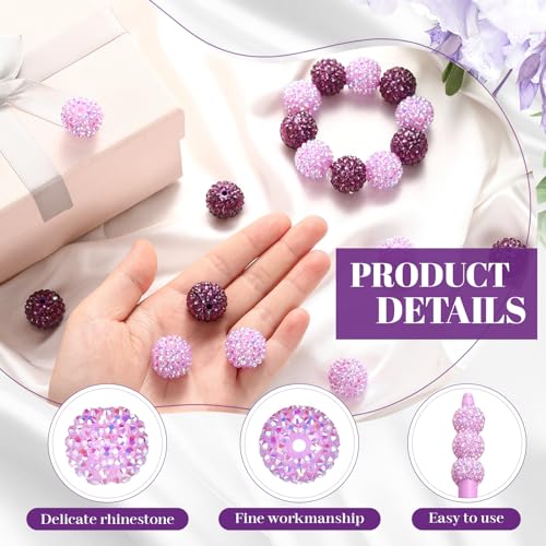 40 Pcs 20 mm Rhinestone Beads Bulk Crystal Round Disco Ball Chunky Bubblegum Beads for Pens Bracelets Charms Craft European Style Jewelry Making Supplies Christmas(Purple) - color: Purple