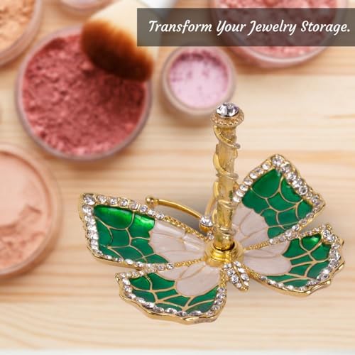 Matashi Butterfly Jewelry Holder for Women, Enamel - Gold Plated Jewelry Stand Organizer Ring Holder w/Crystals, Gift for Mom on Christmas, Mother’s Day, Birthday, Anniversary, Valentine’s Day, Green - color: Green