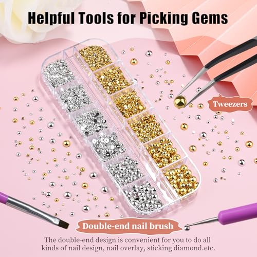 Gold and Silver Nail Charms and Gems, 1.5-5mm Half Round Flatback Nail Pearls Ball Beads Silver Gold Pearls for Nails with Pickup Pencil and Tweezers (12-K1-half-pearls-gold-silver) - color: 12-K1-half-pearls-gold-silver