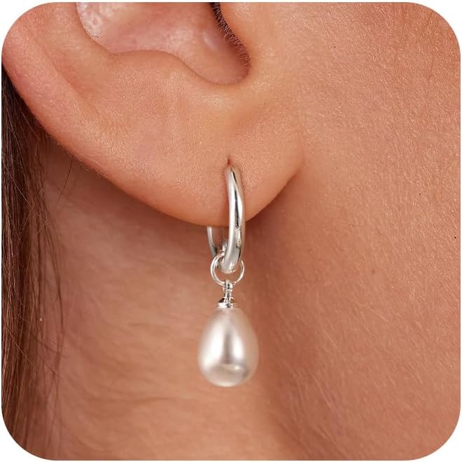 Gold Pearl Dangle Earrings for Women, 14K Gold Plated Small Pearl Drop Huggie Hoop Earrings, Hypoallergenic Dainty Gold Earrings Wedding Jewelry Gifts for Women Trendy