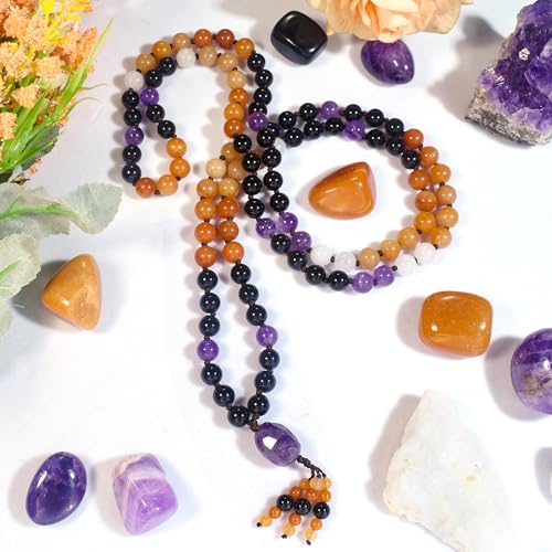 108 Mala Beads Genuine Semi-Precious Gemstone Hand Knotted 8MM Prayer Beads Long Multicolor Necklace 40 Inches - style: protection