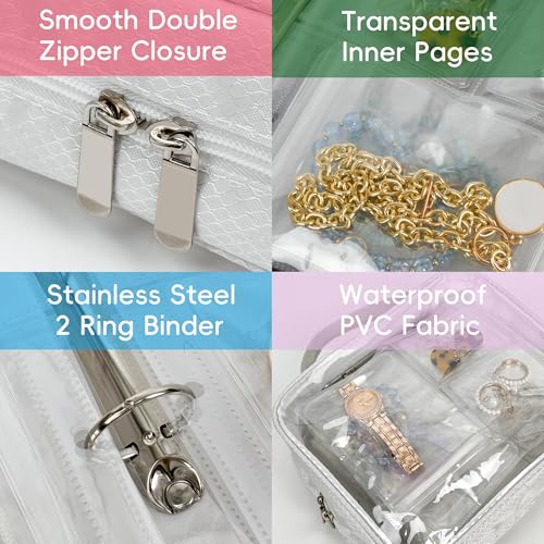 Travel Jewelry Organizer Case Transparent Jewelry Storage Book Binder Bag for Earrings, Rings, Necklace, Bracelet (White-Clear Window) - color: White,Clear Window