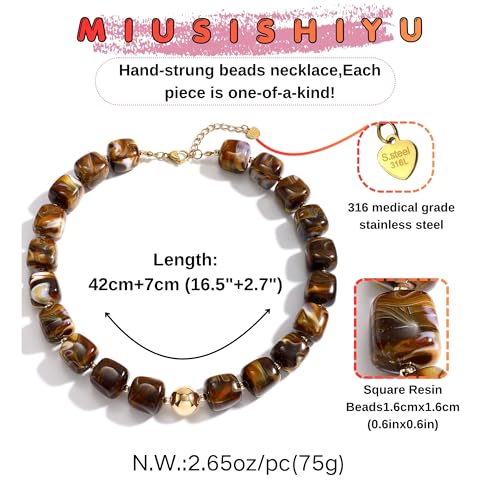 Chunky Necklaces for Women, Trendy Colorful Square Acrylic Resin Beads Statement Choker Necklace, Lightweight Boho Summer Beach Vacation Jewelry - color: Tiger's Eye color