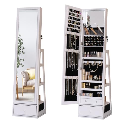 Rotatable Full Length Mirror Jewelry Cabinet Standing With Built-In Mirror - 63.7”H Lockable Jewelry Armoire With Mirror Drawers and 3 Storage Racks Christmas Gift for Wife White - color: White