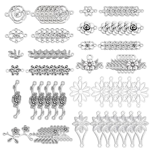PH PandaHall 96pcs 12 Styles Flower Charms, Flower Connectors Links Pendant Metal Filigree Charms Jewelry Connector for Dangle Earrings Bracelets Necklaces Crafts Making, Antique Silver