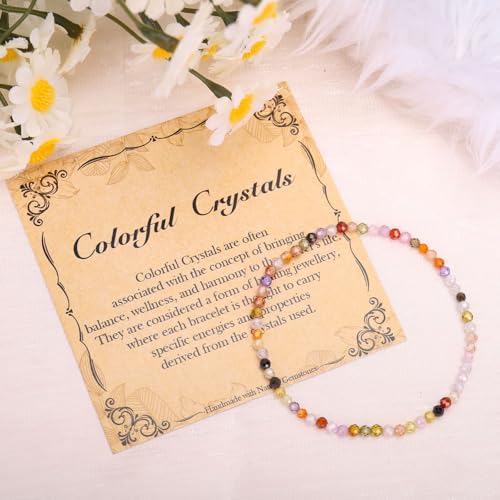 BONNY BOXX Natural Genuine Gemstone Faceted Round Beads Bracelets, 3mm Adjustable Stretchy Tiny Faceted Black Tourmaline Bracelet, Healing Crystal Reiki Chakra Dainty Jewelry Fashion Gifts - color: Colorful Crystals