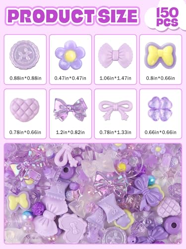 150PCS Acrylic Pastel Beads for Jewelry Making, Kalolary Colorful Bow Butterfly Flower Kawaii Plastic Candy Heart Cute Macaroon Aesthetic Beads for Bracelet Necklace DIY Supplies (Purple) - color: Purple