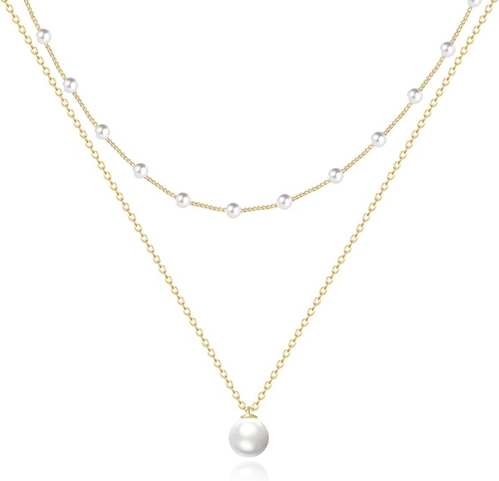 Zeffy Gold Pearl Necklace for Women, Dainty 14K Gold/Silve Plated Layered Pearl Choker Pearl Earrings Pearl Bracelets Wedding Trendy Gold Jewelry Set for Women Gifts