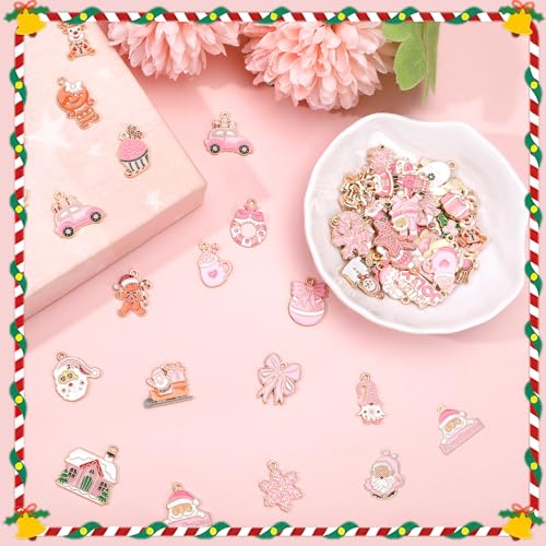 SANNIX 110Pcs/55 Pairs Christmas Charms, Pink Christmas Charm for Jewelry Making, Holiday Xmas Enamel Pendants for DIY Bracelet Necklaces Earrings Craft Supplies - style: Pink Christmas Charms
