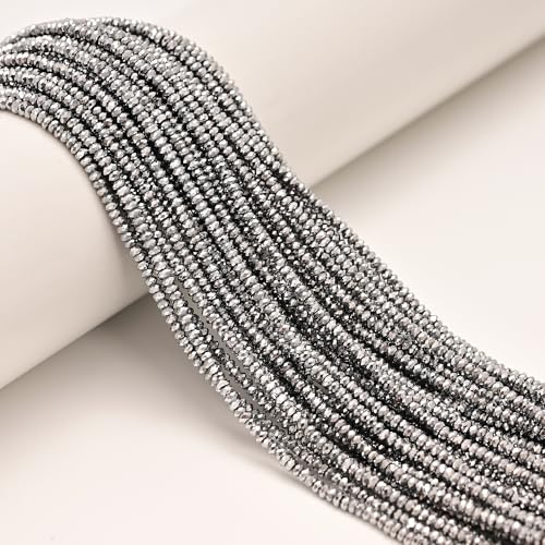 JM Design 1x2mm Silver Plated Hematite Faceted Rondelle Beads, 15.5''Strd Loose Energy Stone Spacer Beads for Jewelry Making Craft DIY Necklace Bracelet Earrings - color: Silver