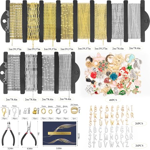 HUISUYTON 18K Gold Necklace Chain Kit for Jewelry Making, 59FT 12Rolls Bracelet Chains with Charms/Pliers/Jump Rings/Lobster Clasps Accessories for DIY Necklace Bracelet Making - color: 18k Gold Plated and Stainless Steel Silver-59Ft+Pendants
