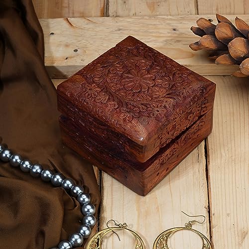 Ajuny Wooden Hand Carved Decorative Keepsake Box Jewelry Armoire Treasure Chest Trinket Holder Storage Travel Organiser Perfect Unique Gifts Ideas for Men and Women