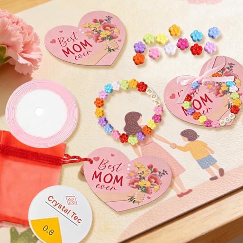 SYUCVQI Mom Bracelet Craft Kit DIY Bead Craft Kit Mother's Day Flowers Necklace Bracelet with Cards and Bags for Mother's Day Jewelry for Family Classroom Making Party Activities