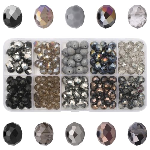 200pcs 8MM Faceted Rondelle Glass Beads for Jewelry Making, Briolette Crystal Glass Beads Plated Round Loose Spacer Beads for DIY Supplies Bracelets Necklaces Earrings (Black Grey) - color: Black Grey