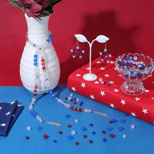 PH PandaHall 360pcs Frosted Glass Beads, 6mm 8mm Matte Round Crystal Beads 3 Colors Red White Blue Patriotic Bead for 4th of July Independence Day Necklace Bracelet Earrings Jewelry Making DIY Crafts