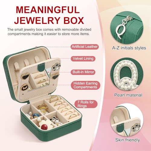 PATIKIL Travel Jewelry Case, Q Initial Small Travel Jewelry Box Organizer Rings Earrings Storage Case Personalized Gifts for Women Girls Birthday Christmas Bridesmaid Gifts, Dark Green - style: Q