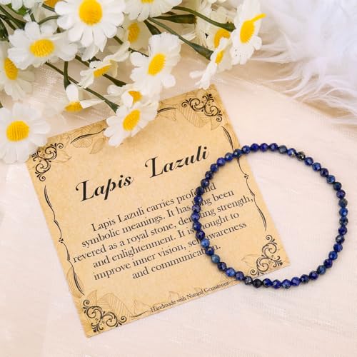 BONNY BOXX Natural Genuine Gemstone Faceted Round Beads Bracelets, 3mm Adjustable Stretchy Tiny Faceted Black Tourmaline Bracelet, Healing Crystal Reiki Chakra Dainty Jewelry Fashion Gifts - color: Lapis Lazuli
